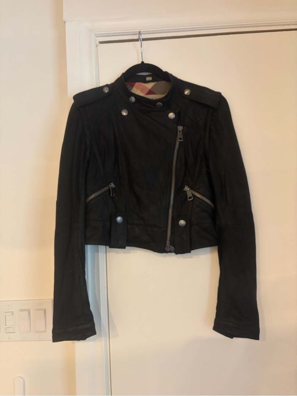 Black Burberry Brit Leather Biker Jacket - Women